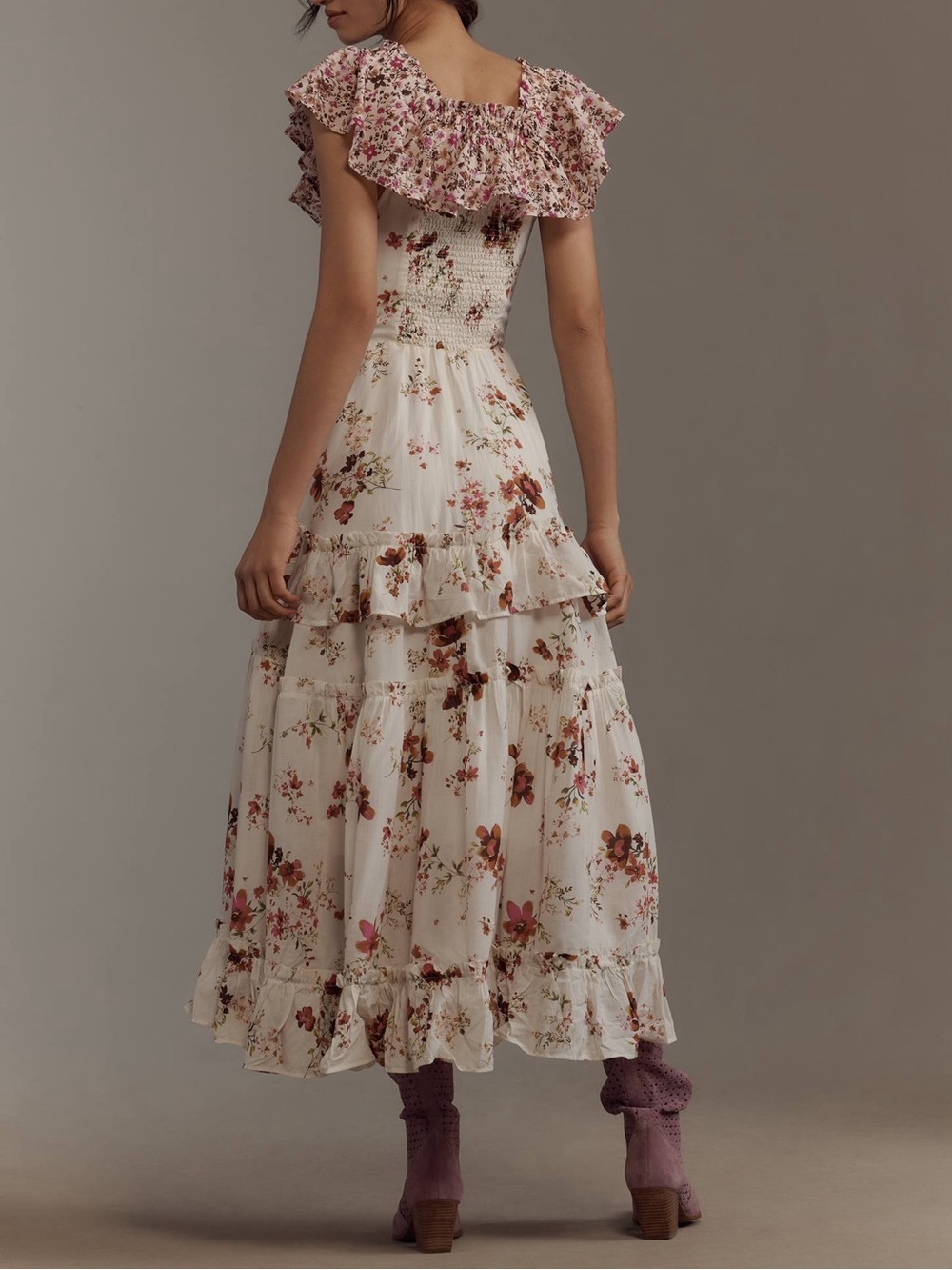 Anthropologie Maeve Ruffle-Sleeve V-Neck Lace-Up Midi Dress - Picture 4 of 5